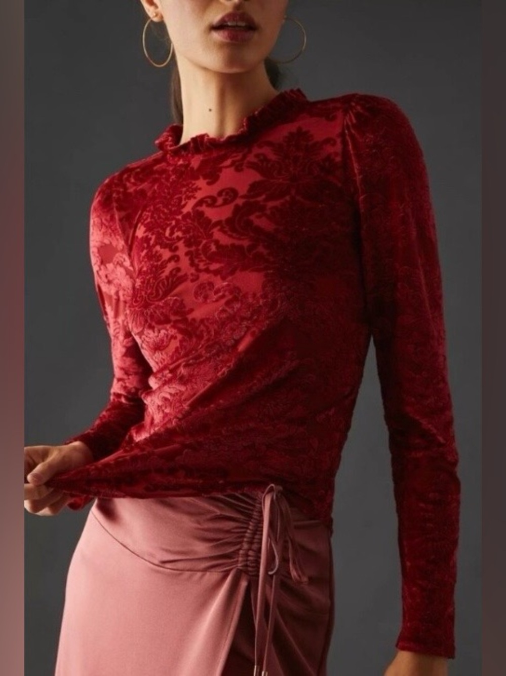 Anthropologie Sheer Velvet Burnout Top Size XS Color Wine